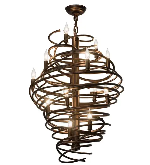 The bold, eye-catching Cyclone simulates whirling winds of energy and gyration with twisting steel that is accentuated with 13 delicately placed beacons to help you weather the storm. The winding mass of steel surrounds a sturdy post, all featured in a Mahogany Bronze finish. Make an impressive design statement that will wow guests in lobbies, conference rooms, entryways and other residential and commercial spaces. The fixture is handcrafted by master artisans in our Upstate New York manufacturing facility. Custom designs, styles, sizes and dimmable energy efficient lamping such as LEDs are available. This chandelier is UL and cUL listed for damp and dry locations. Collection: Cyclone Finish: Mahogany Bronze Glass: Beige,White Width: 20.00" Height: 38.00" Length: 20.00" Weight: 29.00 lb Number of Bulbs: 13 Maximum Wattage: 7.00 W Bulb Type: B9 Bulb Base: E12 Material: Steel Country of Origin: USA Safety Listing: Damp Safety Rating: Damp - alternate view