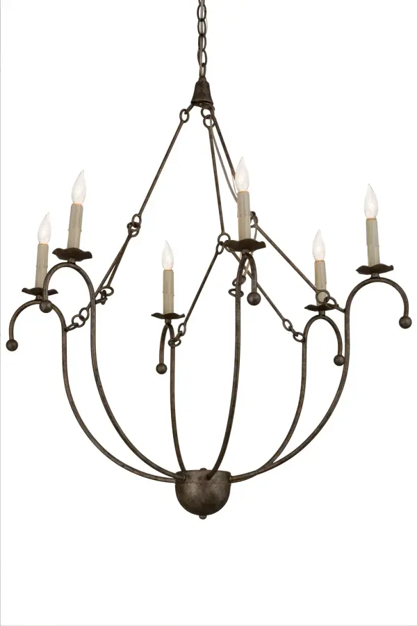 Designed with a new twist on old world styling, Kaitlynn features 6 Ivory faux candlelights perched on Lily pad-like bobeches which are embraced by curved arms with ballpoints. This lovely chandelier is complemented with a matching decorative hub and accent on the bottom. All hardware is featured in a hand-applied Corinth finish. Custom options includes special sizes, finishes, styles and dimmable energy efficient lamping such as LED. The exquisite fixture is UL and cUL listed for dry and damp locations. Collection: Vienna Finish: Corinth Glass: Beige,Grey,Silver Width: 32.00" Height: 45.00" Length: 32.00" Weight: 9.50 lb Number of Bulbs: 6 Maximum Wattage: 60.00 W Bulb Type: BA9 Bulb Base: E12 Material: Steel Country of Origin: USA Safety Listing: Damp Safety Rating: Damp