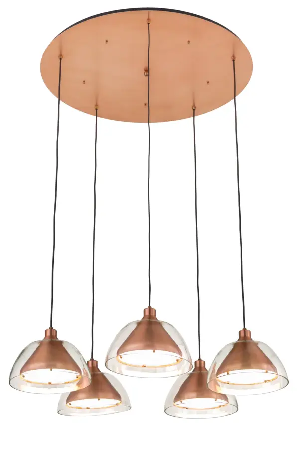 Offering a transitional design with contemporary flair, Brisbee features four Copper shades encased in Clear Blown-Glass. The shades are enhanced with Statuario Idalight bottom diffusers and embraced by Black Cords from a large, matching Copper canopy. Handcrafted by highly skilled artisans in our manufacturing facility in Yorkville, New York, this pendant is available in custom sizes, designs and finishes. Offered in dimmable energy efficient lamping options such as LED. The fixture is UL and cUL listed for dry and damp locations. Collection: Bisbee Finish: Brushed Copper Glass: Clear Glass Width: 40.00" Height: 11.00" Length: 40.00" Weight: 72.00 lb Extension from Wall: 3.00" Number of Bulbs: 5 Maximum Wattage: 11.00 W Bulb Type: A19 Bulb Base: E26 Light Source: LED Material: Steel Country of Origin: USA Safety Listing: Damp Safety Rating: Damp LED