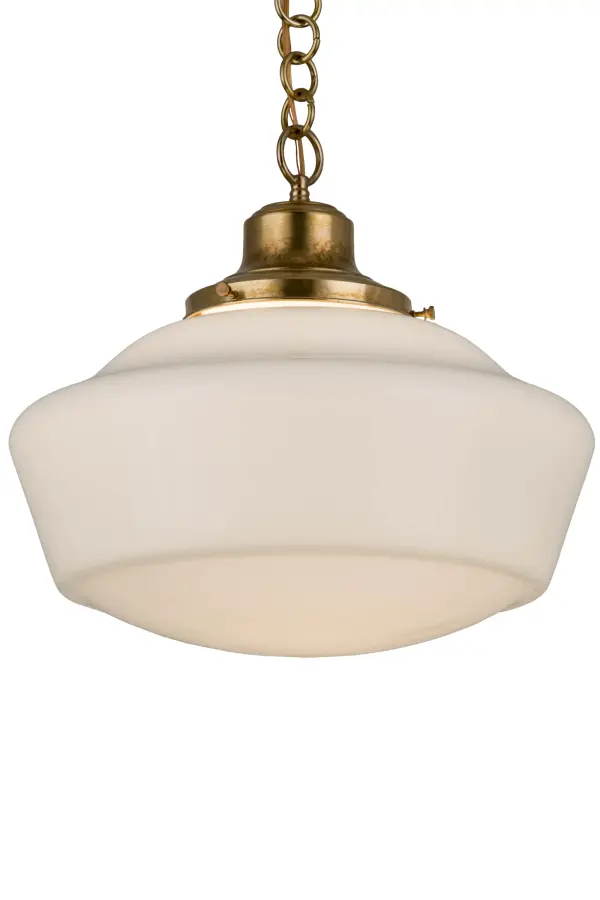 Restore the past with this always fashionable early electric reproduction Revival Pendant. The Brass fixture features a White Opal Schoolhouse Glass shade and hardware in a Raw Brass finish. This vintage lighting features a refined yet consistent distinctive style that originated in traditional schoolhouses and public buildings in the early 1920s. The pendant is Inspired by schoolhouses from Wells, Maine, and Columbia County, New York, to Waverly and Canaan, Pennsylvania, and Mason County, West Virginia, to Cedar Falls, Iowa, and Lawson, Missouri. The pendant has an overall height ranging from 20 to 70.5? inches as the stem easily adjusts in the field to meet your exact lighting requirements. The Revival Schoolhouse Traditional Globe Pendant is included in our American-designed, handcrafted Schoolhouse Lighting Collection. UL & cUL listed for dry and damp locations. Collection: Revival Finish: Raw Brass Glass: White Opal Glass Width: 16.00" Height: 22.00" Length: 16.00" Weight: 9.50 lb Number of Bulbs: 1 Maximum Wattage: 60.00 W Bulb Type: A19 Bulb Base: E26 Light Source: LED Color Temperature: 3000 K Material: Brass Country of Origin: CHINA Safety Listing: Damp Safety Rating: Damp LED