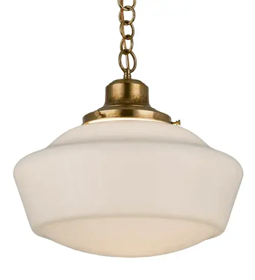 Restore the past with this always fashionable early electric reproduction Revival Pendant. The Brass fixture features a White Opal Schoolhouse Glass shade and hardware in a Raw Brass finish. This vintage lighting features a refined yet consistent distinctive style that originated in traditional schoolhouses and public buildings in the early 1920s. The pendant is Inspired by schoolhouses from Wells, Maine, and Columbia County, New York, to Waverly and Canaan, Pennsylvania, and Mason County, West Virginia, to Cedar Falls, Iowa, and Lawson, Missouri. The pendant has an overall height ranging from 20 to 70.5? inches as the stem easily adjusts in the field to meet your exact lighting requirements. The Revival Schoolhouse Traditional Globe Pendant is included in our American-designed, handcrafted Schoolhouse Lighting Collection. UL & cUL listed for dry and damp locations. Collection: Revival Finish: Raw Brass Glass: White Opal Glass Width: 16.00" Height: 22.00" Length: 16.00" Weight: 9.50 lb Number of Bulbs: 1 Maximum Wattage: 60.00 W Bulb Type: A19 Bulb Base: E26 Light Source: LED Color Temperature: 3000 K Material: Brass Country of Origin: CHINA Safety Listing: Damp Safety Rating: Damp LED - alternate view