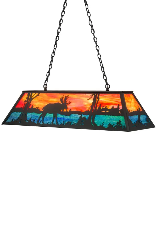 A majestic Moose meanders alongside a woodland lake as the brilliant morning sun rises at dawn. This pendant highlights an image that is perfect for picture postcards and great works of art. Eye-catching Sunburst colored art glass depicts the sky as Blue-Green art glass represents the woodland lake. This oblong pendant features decorative accents and hardware in a Textured Black finish. Perfect for illuminating kitchen islands, dinettes, islands, billiard tables, counters and bars. Custom crafted by highly skilled artisans at the foothills of the spectacular Adirondack Mountains in Upstate New York. Custom sizes, styles and colors available. Dimmable energy efficient lamping options offered. UL and cUL listed for dry and damp locations. Collection: Moose At Lake Finish: Textured Black Glass: Orange & Blue Green Art Glass Width: 17.00" Height: 22.00" Length: 48.00" Weight: 40.00 lb Extension from Wall: 17.00" Number of Bulbs: 6 Maximum Wattage: 60.00 W Bulb Type: A19 Bulb Base: E26 Material: Steel Country of Origin: USA Safety Listing: Damp Safety Rating: Damp