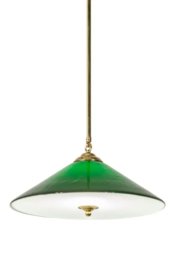 An elegant Hunter Green Glass Shade is enhanced with a Clear Frosted Glass bottom diffuser and featured in this handsome Banker-style ceiling pendant. The lovely shade is complemented by hardware in a stunning Polished Brass. This elegant Brass beauty is designed to match traditional banker lamps and will grace a variety of spaces in fine residences, offices, schools, and libraries. The Bailey Banker's Pendant is featured in our American-made, American-designed handcrafted Banker's Lighting Collection and is manufactured in Yorkville, New York. It is UL and cUL listed for dry and damp locations. Collection: Bailey Banker'S Finish: Polished Brass Glass: Hunter Green Width: 18.00" Height: 126.00" Length: 18.00" Weight: 20.00 lb Extension from Wall: 18.50" Number of Bulbs: 1 Maximum Wattage: 12.00 W Bulb Type: A19 OMNI Bulb Base: E26 Light Source: LED Material: Brass Country of Origin: USA Safety Listing: Damp Safety Rating: Damp LED