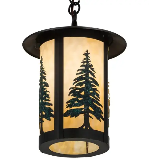 Mesmerizing Tall Pine Tree silhouettes stand tall as the brilliant morning sun rises in the background. Beautiful ambient light is projected through a stunning Beige art glass diffuser. The shade is complemented with a Solid Brass frame; decorative accents and hardware featured in a Craftsman Brown finish with Trees handpainted in a Green hue. Handcrafted by expert artisans in our manufacturing facility at the foothills of the spectacular Adirondack Mountains; the nature-inspired pendant is available in custom designs; sizes and styles. Energy efficient lamping options such as LED are available. The Craftsman Signature lantern is UL and cUL listed for dry; damp and wet locations. - alternate view