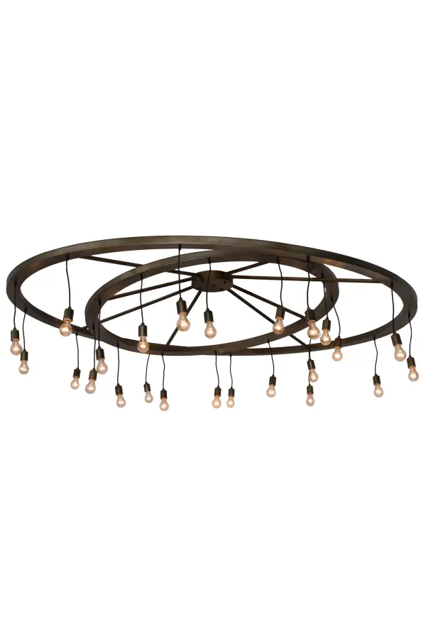 Perfect for a whimsical or Western aesthetic; the Donner chandelier exposes a pair of spoked ring wagon wheels detached from the stagecoach trekking across the Rockies. To provide a unique look and brilliant ambient illumination; 25 miniature Edison-style lamps cascaded from this intriguing ceiling fixture. The frame and hardware are featured in an Antique Hammered Gold finish. The fixture is handcrafted by skilled artisans in our 180;000 Yorkville; New York manufacturing facility. Custom options include special sizes; finishes; designs; and dimmable energy-efficient lamping options such as LED. UL and cUL listed for dry and damp locations.