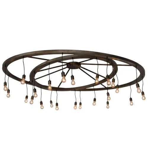 Perfect for a whimsical or Western aesthetic; the Donner chandelier exposes a pair of spoked ring wagon wheels detached from the stagecoach trekking across the Rockies. To provide a unique look and brilliant ambient illumination; 25 miniature Edison-style lamps cascaded from this intriguing ceiling fixture. The frame and hardware are featured in an Antique Hammered Gold finish. The fixture is handcrafted by skilled artisans in our 180;000 Yorkville; New York manufacturing facility. Custom options include special sizes; finishes; designs; and dimmable energy-efficient lamping options such as LED. UL and cUL listed for dry and damp locations. - alternate view