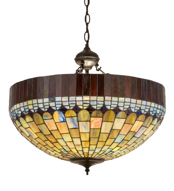 In the early 20th century, Tiffany Studios used its artful mastery to develop the look of woven fabric with a fringed skirt out of glass. Meyda Tiffany has taken that concept one step further and turned it upside down. Multi-hued Amber Plum fringe suspends an inverted dome brickwork intertwined with shades of Emerald, Cobalt, Heather, Byzantium, Navy and Amber art glass. The art glass shade is created using Meyda's famous copper foil construction process and is enhanced with hardware finished in Solar Black. Custom colors, styles, sizes and dimmable energy efficient lamping options are available. Collection: Tiffany Candice Finish: Solar Black Glass: Stained Glass Width: 22.00" Height: 23.00" Length: 22.00" Weight: 12.50 lb Number of Bulbs: 3 Maximum Wattage: 60.00 W Bulb Type: A19 Bulb Base: E26 Material: Metal Country of Origin: USA Safety Listing: Damp Safety Rating: Damp