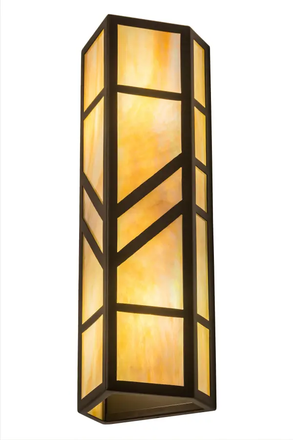 With a striking southwestern Mission styled design, emerges the stunning Santa Fe wall sconce. A charming aura projects from Beige Iridescent art glass diffuser with bold geometric styling. Complemented with an Oil Rubbed Bronze finished frame and hardware, this handcrafted wall fixture is ideal for ambient decorative lighting in a corridor or any room where you want to make a bold design statement. The fixture illuminates with 2 Customer supplied, Medium base LED A19 lamps. Handmade in the USA, this sconce is available in custom designs, colors and sizes, as well as with dimmable energy efficient lamping such as LED. The 7-inch wide sconce is UL and cUL listed for damp and dry locations. Collection: Santa Fe Finish: Oil Rubbed Bronze Glass: Beige Iridescent Glass Width: 7.00" Height: 22.00" Length: 6.50" Weight: 11.00 lb Extension from Wall: 6.50" Number of Bulbs: 2 Maximum Wattage: 12.00 W Bulb Type: OMNI Bulb Base: E26 Light Source: LED Color Temperature: 3000 K Material: Steel Country of Origin: USA Safety Listing: Wet Safety Rating: Wet LED
