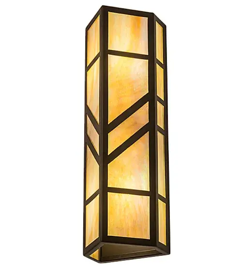 With a striking southwestern Mission styled design, emerges the stunning Santa Fe wall sconce. A charming aura projects from Beige Iridescent art glass diffuser with bold geometric styling. Complemented with an Oil Rubbed Bronze finished frame and hardware, this handcrafted wall fixture is ideal for ambient decorative lighting in a corridor or any room where you want to make a bold design statement. The fixture illuminates with 2 Customer supplied, Medium base LED A19 lamps. Handmade in the USA, this sconce is available in custom designs, colors and sizes, as well as with dimmable energy efficient lamping such as LED. The 7-inch wide sconce is UL and cUL listed for damp and dry locations. Collection: Santa Fe Finish: Oil Rubbed Bronze Glass: Beige Iridescent Glass Width: 7.00" Height: 22.00" Length: 6.50" Weight: 11.00 lb Extension from Wall: 6.50" Number of Bulbs: 2 Maximum Wattage: 12.00 W Bulb Type: OMNI Bulb Base: E26 Light Source: LED Color Temperature: 3000 K Material: Steel Country of Origin: USA Safety Listing: Wet Safety Rating: Wet LED - alternate view