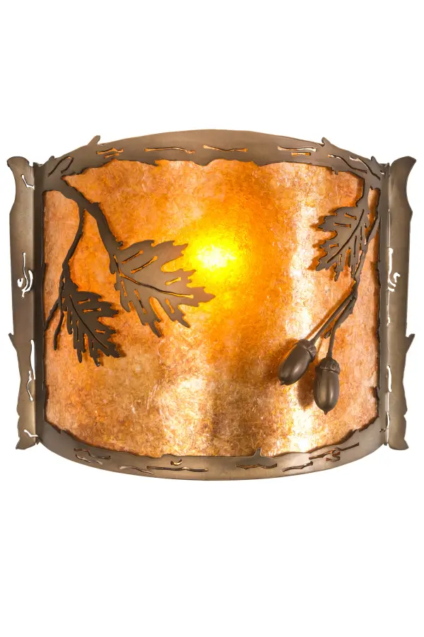 Every Meyda Tiffany item is a unique handcrafted work of art. Natural variations in the wide array of materials that we use to create each Meyda product make every item a masterpiece of its own. Photographs are a general representation of the product. Colors and designs will vary. Collection: Oak Leaf & Acorn Finish: Antique Copper Glass: Amber Mica/Silver Mica Width: 12.00" Height: 9.50" Length: 4.00" Weight: 2.50 lb Extension from Wall: 4.00" Number of Bulbs: 1 Maximum Wattage: 60.00 W Bulb Type: A19 Bulb Base: Medium Material: Steel Country of Origin: USA Safety Listing: Damp Safety Rating: Damp