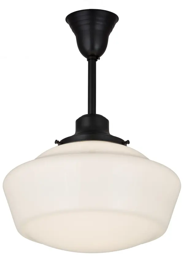 Restore the past with this always fashionable early electric reproduction Rochelle ceiling fixture. The gorgeous pendant is constructed of White Opal Schoolhouse Glass shade enhanced with a Craftsman Brown finish. This vintage lighting fixture features a refined yet consistent; distinctive style that originated back in traditional schoolhouses and public buildings in the early 1920s. Inspired by schoolhouses from Wells; Maine; to Canaan; Pennsylvania; to Lawson; Missouri. The Revival Schoolhouse Traditional Pendant is included in our American-designed; handcrafted Schoolhouse Lighting Collection. UL & cUL listed for dry and damp locations.