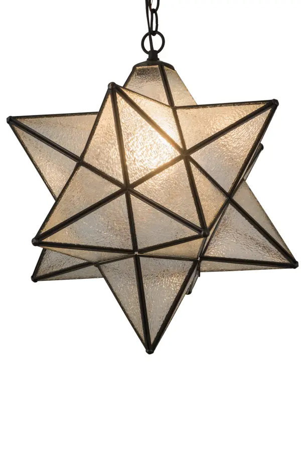 Grace your home with this timeless ceiling pendant. Dating back to Moravia hundreds of years ago, the Star was used to protect your home and bring good luck to your family. The ceiling pendant is handcrafted with a sparkling Clear Seeded Glass shade which is complemented with an Oil Rubbed Bronze finish. Each shade is created with Brass Channel Construction. Overall height ranges from 24 to 58 inches as the chain length can be easily adjusted in the field to accommodate your specific lighting needs. Shade colors, metal finishes and sizes can be customized. UL and cUL listed for dry, damp and wet locations. Collection: Moravian Star Finish: Oil Rubbed Bronze Glass: Clear Seeded Glass Width: 18.00" Height: 24.00" Length: 18.00" Weight: 8.00 lb Extension from Wall: 11.00" Number of Bulbs: 1 Maximum Wattage: 60.00 W Bulb Type: A19 Bulb Base: E26 Material: Brass Country of Origin: USA Safety Listing: Damp Safety Rating: Damp