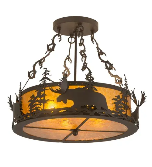 A majestic Moose wanders through the tall Pine trees around the perimeter of this dramatic ceiling fixture. This striking semi flushmount is featured with Pine Branch accents on chains and rim in an Oil Rubbed Bronze finish. A stunning Amber Mica shade with a matching bottom diffuser provide beautiful ambient lighting. The Moose at Dusk fixture is Domestically Produced in the USA at our Yorkville; NY manufacturing facility. Customize lens colors; metal finishes and fixture sizes. UL and cUL listed for dry and damp locations. - alternate view