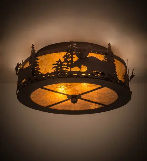 This nature inspired fixture depicts the majestic Moose rambling through the woods as the afternoon sun sets in the background. The Moose is a power animal that symbolizes confidence; wisdom; longevity and steadfastness. Beautiful ambient lighting projects through a stunning Amber Mica shade with a matching bottom diffuser. The rustic styled shade is enhanced with Pine Branch accents; saltire and finial in a warm Mahogany Bronze finish. The Moose at Dusk fixture is Domestically Produced in the USA at our Yorkville; NY manufacturing facility. Customize lens colors; metal finishes and fixture sizes to your preference. UL and cUL listed for dry and damp locations.