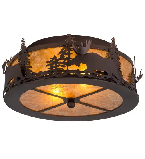This nature inspired fixture depicts the majestic Moose rambling through the woods as the afternoon sun sets in the background. The Moose is a power animal that symbolizes confidence; wisdom; longevity and steadfastness. Beautiful ambient lighting projects through a stunning Amber Mica shade with a matching bottom diffuser. The rustic styled shade is enhanced with Pine Branch accents; saltire and finial in a warm Mahogany Bronze finish. The Moose at Dusk fixture is Domestically Produced in the USA at our Yorkville; NY manufacturing facility. Customize lens colors; metal finishes and fixture sizes to your preference. UL and cUL listed for dry and damp locations. - alternate view