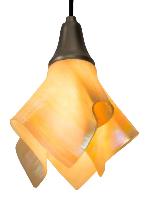 American craftsmanship is combined with European artistry which results in elegant pendant. A cool decorative lighting design is achieved by kiln firing glass into a unique draped glass pendant. This Beige Iridescent handkerchief styled shade is complemented with Solid Brass hardware in a Nickel plated finish. Illuminate a table with this pendant or align the pendant in multiples across an island; bar; table or counter in residential and commercial settings. Custom styles; colors and sizes are available; as well as dimmable energy efficient lamping options such as LED. This pendant is UL and cUL listed for damp and dry locations.