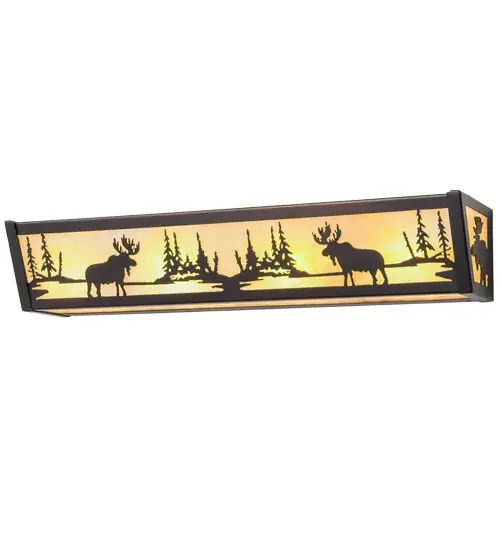 Two Majestic Moose stand alongside a woodland lake as ambient light projects from a stunning Beige Art Glass lens. The frame and hardware is hand finished in Mahogany Bronze. Ideal as a vanity light for a fine bath or as a wall sconce to illuminate hallways and other spaces. The wall fixture is handmade by highly skilled artisans in our 180,000 square foot manufacturing facility, at the foothills of New York's glorious Adirondack Mountains. Dimmable energy efficient lamping options are available. Other wildlife designs available. Special sizes and finishes offered. UL and cUL listed for dry and damp locations. Collection: Moose At Lake Finish: Mahogany Bronze Glass: Beige Art Glass Width: 24.00" Height: 4.50" Length: 5.50" Weight: 7.00 lb Extension from Wall: 5.50" Number of Bulbs: 4 Maximum Wattage: 60.00 W Bulb Type: A19 Bulb Base: E26 Material: Steel Country of Origin: USA Safety Listing: Damp Safety Rating: Damp - alternate view