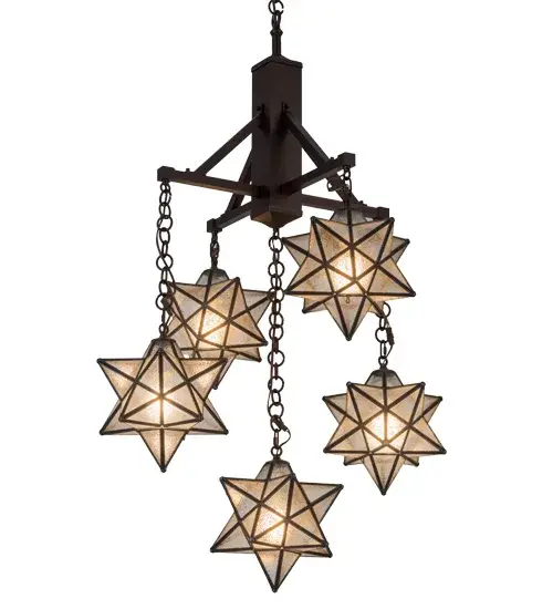 Grace your home with this timeless cascading chandelier. Dating back to Moravia hundreds of years ago, the Star was used to protect your home and bring good luck to your family. This Moravian Star chandelier is handcrafted with five sparkling Clear Seeded Glass shades which are complemented with a Mahogany Bronze finish. Each shade is created with Brass Channel Construction. Overall height ranges from 55.5 to 108 inches as the chain length can be easily adjusted in the field to accommodate your specific lighting needs. Shade colors, metal finishes and sizes can be customized. UL and cUL listed for dry, damp and wet locations. Collection: Moravian Star Finish: Mahogany Bronze Glass: Clear Seeded Glass Width: 30.00" Height: 51.00" Length: 30.00" Weight: 28.00 lb Number of Bulbs: 5 Maximum Wattage: 60.00 W Bulb Type: A19 Bulb Base: E26 Material: Brass Country of Origin: USA Safety Listing: Damp Safety Rating: Damp - alternate view