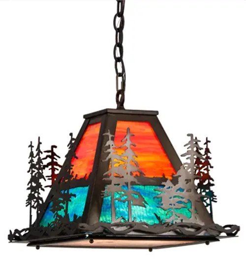 A mesmerizing stand of Tall Pine trees overlooks a picturesque mountain lake featured in Blue-Green art glass; as the warm sun shines in the Sunburst sky. The beautiful shade is complemented with a Silver Mica bottom diffuser. The decorative accents; frame and hardware are featured in an Antique Copper finish. Custom crafted by highly skilled artisans; this pendant is created in our manufacturing facility at the foothills of the spectacular Adirondack Mountains in the USA. Custom styles; sizes and colors are available; as well as dimmable energy-efficient lamping options such as LED. The pendant is UL and cUL listed for dry and damp locations. - alternate view