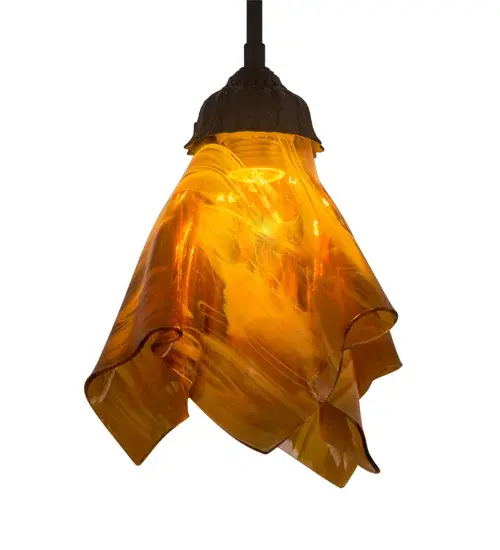 You can add a fun lighting design to a home; restaurant; hotel; or retail location. Created with Honey Art glass; this ceiling fixture is high-fired to fall into a flowing; organic-shaped pendant shade. Handmade by Meyda Craftsmen; the Handkerchief Glass-style shade is complemented with an Oil Rubbed Bronze finish. This compelling lighting design features Art Glass as a uniquely decorative fixture and is ideal for modern homes; restaurants; and those who appreciate a work of beauty. Traditional artistry; high-fire kilns; and original tools combine to create art glass in the old-world tradition. Ideal for installation above kitchen islands; counters; and dining tables in residential and hospitality locations. The Taste of Honey Pendant is featured in our American-made; American-designed; handcrafted Handkerchief Glass Lighting Collection and is manufactured in Yorkville; New York. UL and cUL listed for dry and damp locations. Each shade is a unique work of art with color variations based on natural ingredients inherent in the glass. The Quality Bent Glass division of Meyda Tiffany has been in the making for over 100 years. The company revolutionized the manufacturing process for high-temperature glass forming by custom-building production capacity ovens and kilns. Today; we continue to create timeless masterpieces using tools and methods that date back to when we supplied Tiffany Studios. - alternate view