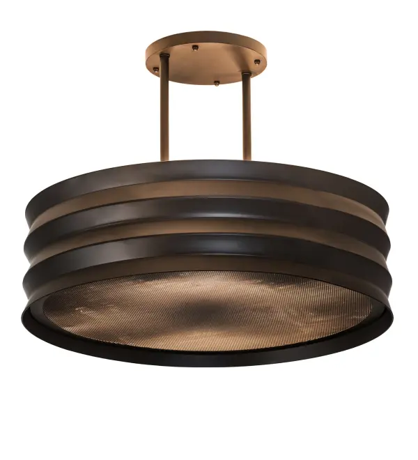 Luxurious styling with a stunning finishing touch. This unique accordion inspired design reveals an Oil Rubbed Bronze finished frame with a matching metal mesh bottom diffuser. Handcrafted by skillful artisans in our manufacturing facility, this charming pendant is available in custom sizes, finishes and designs. Dimmable energy efficient lamping options including LED are offered. This unique 30-inch wide fixture is UL and cUL listed for dry and damp locations. Collection: Concertina Finish: Oil Rubbed Bronze Glass: Black,Ruby,Coral Width: 30.00" Height: 22.00" Length: 30.00" Weight: 51.00 lb Number of Bulbs: 6 Maximum Wattage: 60.00 W Bulb Type: A19 Bulb Base: E26 Material: Steel Country of Origin: USA Safety Listing: Damp Safety Rating: Damp