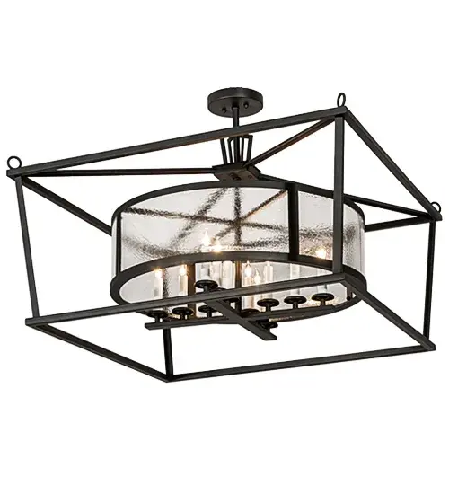 A sophisticated architecturally styled fixture is designed with a stunning look that is unique; fresh and stylish. Give your decor an extra edge with this breathtaking geometric fixture; which is highlighted with a solid metal structure that encases a curved frame with Clear Seeded Glass which reveals a 12-light faux candelabra. The hardware and frame are offered in a handsome Wrought Iron finish. Handcrafted in the USA; Kitzi is available in custom sizes; styles and finishes; as well as dimmable energy efficient lamping options such as LED. The fixture is UL and CUL listed for dry and damp locations. - alternate view