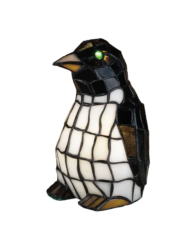 This adorable Penguin accent lamp is created from Ebony and Winter White stained art glass with eyes that are made of glistening glass jewels. Collection: Penguin Finish: Bl Ca Ha Glass: Stained Glass Width: 4.00" Height: 8.00" Length: 5.00" Weight: 2.00 lb Extension from Wall: 5.00" Number of Bulbs: 1 Maximum Wattage: 7.00 W Bulb Type: BA9 Bulb Base: E12 Material: Metal Country of Origin: CHINA Safety Listing: Damp Safety Rating: Dry