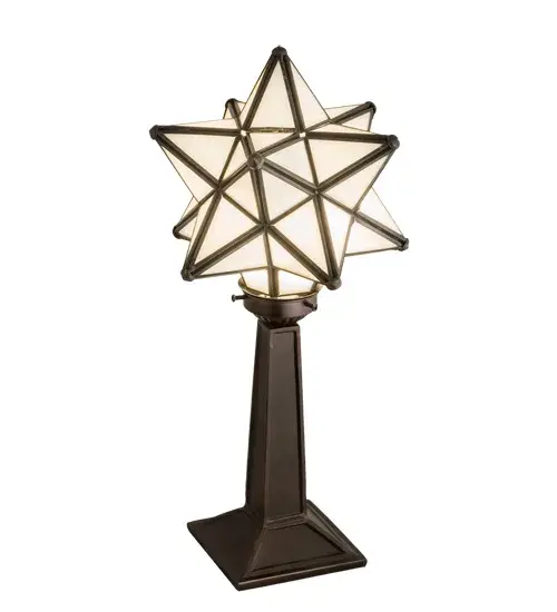 Like wishing upon a magical star... Grace your home with this timeless accent lamp. Dating back hundreds of years in Europe; the Star was used to protect homes and bring good luck to families. This unique lamp features a Star-styled White Art Glass shade; which is created with a dozen points of light. The stunning shade is crafted using the famous Meyda Tiffany Brass Channel Construction technique and is complemented by a Mahogany Bronze finished base. The lamp is ideal for illuminating a picture window; credenza; or desk. The Moravian Star Accent Lamp is part of our American-designed; handcrafted Moravian Star Collection. The fixture is UL and cUL listed for dry locations. - alternate view
