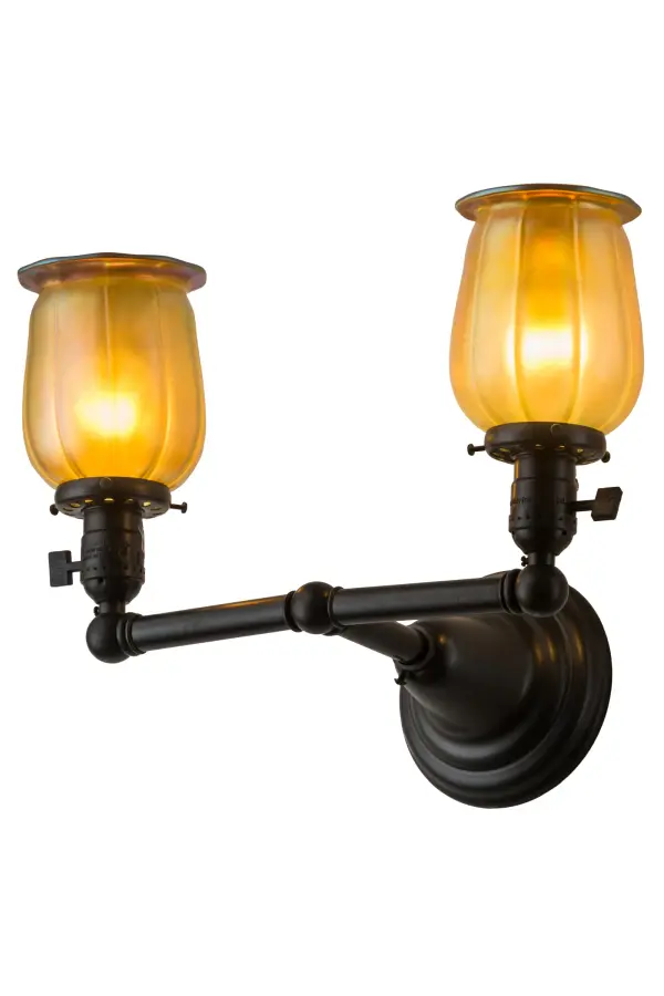 An era of style and elegance is restored with this early electric reproduction. The Chelsea wall sconce evokes romance and nostalgic beauty with 2 Gold Iridescent mouth-blown Favrile glass shades. The handsome paddle switch and hardware are crafted from Solid Brass and hand finished in Craftsman Brown. Custom crafted in our 180;000 square foot manufacturing facility in Yorkville; NY. Available in custom sizes; finishes and styles. Dimmable energy efficient lamping options are offered. UL and cUL listed for dry and damp locations.