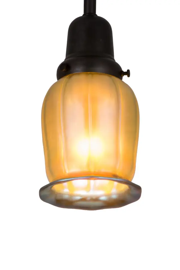 Every Meyda Tiffany item is a unique handcrafted work of art. Natural variations in the wide array of materials that we use to create each Meyda product make every item a masterpiece of its own. Photographs are a general representation of the product. Colors and designs will vary. Collection: Revival Finish: Craftsman Brown Glass: Gold Iridescent Squash Width: 6.00" Height: 29.00" Length: 4.50" Weight: 2.00 lb Number of Bulbs: 1 Maximum Wattage: 60.00 W Bulb Type: A19 Bulb Base: Medium Material: Brass Country of Origin: USA Safety Listing: Damp Safety Rating: Damp