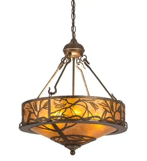 Rustic charm is defined with natural branch motifs around the lens and the bottom diffuser as the morning sun rises in the background. The inverted shade features stunning Amber Mica with hardware finished in Antique Copper. The Nature Inspired pendant is ideal for illuminating an entryway; lobby; dining or kitchen area in a variety of residential; hospitality and commercial settings. The overall height ranges from 28 to 58 inches as the chain length can be easily adjusted in the field. The Branches Inverted Pendant is Domestically Produced in our 180;000 square foot manufacturing facility in Yorkville; New York. Customize the shade colors; metal finishes and pendant sizes to meet your desires. UL and cUL listed for dry and damp locations. - alternate view