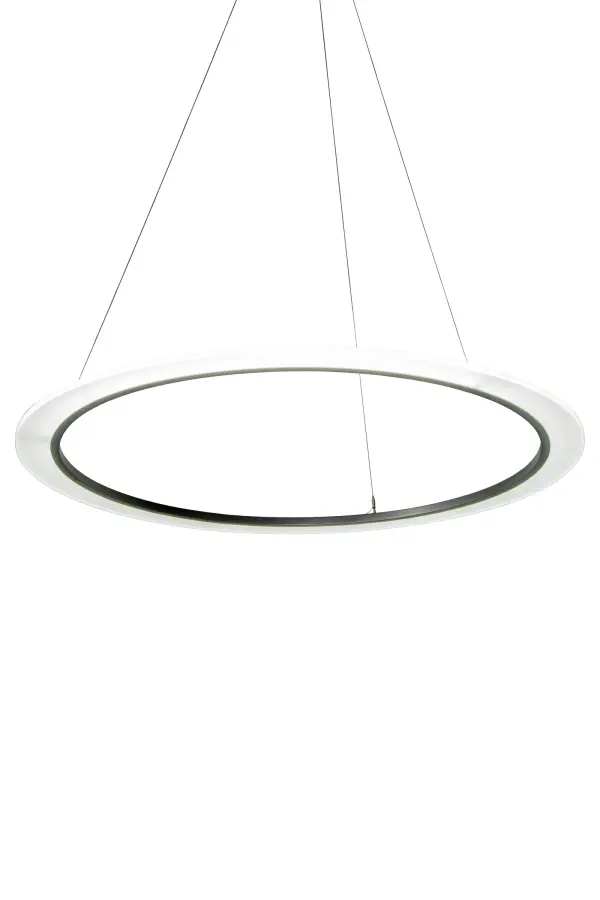 A modern sophisticated pendant featuring an extraordinary element of ambient light, this spectral halo creates a stunning visual effect and breathtaking drama. Supported by sturdy spacecraft cables for balance and precision, this Nickel powdercoat finished ring reveals a Contrail Mist Idalight diffuser. Meyda's integral LEDs deliver dimmable, robust illumination, energy savings, minimal maintenance and long life. Custom sizes, styles and finishes are available, as well as other lamping options. This upscale Anillo 60-inch wide pendant is UL and cUL listed for damp and dry locations. Collection: Anillo Finish: Nickel Glass: Contrail Mist Idalight Width: 60.00" Height: 7.00" Length: 60.00" Weight: 42.50 lb Maximum Wattage: 43.00 W Bulb Type: STRIP Bulb Base: INTEGRAL Light Source: LED Color Temperature: 3000 K Material: Steel Country of Origin: USA Safety Listing: Damp Safety Rating: Damp LED