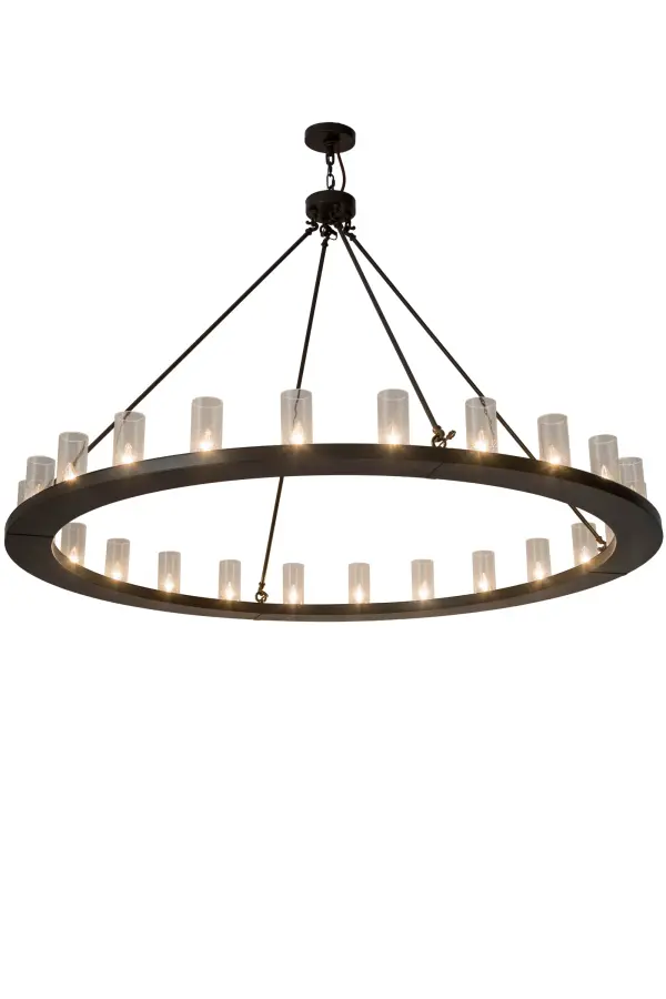 Grand elegance and a refined sophistication come to light. Loxley is custom crafted with 24 Clear Seeded Glass Cylindres on a decorative ring hand finished in Timeless Bronze. Ideal for illuminating dining areas, conference tables, lobbies and other residential and commercial spaces. Handcrafted by highly skilled artisans in our manufacturing facility in Yorkville, NY. Custom colors, styles and sizes available. Energy efficient lamping options such as LED are available. The 72-inch wide chandelier is UL and cUL listed for dry and damp locations. Collection: Loxley Finish: Timeless Bronze Glass: Clear Seeded Glass Width: 72.00" Height: 55.00" Length: 72.00" Weight: 96.00 lb Number of Bulbs: 24 Maximum Wattage: 40.00 W Bulb Type: F15 Bulb Base: E26 Material: Steel Country of Origin: USA Safety Listing: Damp Safety Rating: Damp