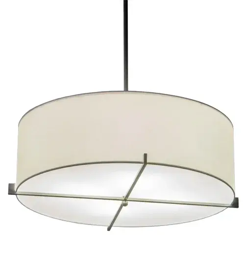Designed with a curved profile and a clean architectural look, this appealing and versatile ceiling fixture reveals a sophisticated aesthetic. The pendant features a White Textrene shade enhanced with a Statuario Idalight top diffuser. The hardware, frame and crossbar design are offered in a Nickel powdercoat finish. Handcrafted by highly skilled artisans in our manufacturing facility in Upstate New York, this transitional styled pendant is available in a wide range of custom choices including various designs, colors, sizes and dimmable energy efficient lamping options such as LED. This pendant is UL and cUL listed for damp and dry locations. Collection: Cilindro Finish: Brushed Nickel Glass: White Textrene/Statuario Idalight Width: 36.00" Height: 60.00" Length: 36.00" Weight: 16.00 lb Number of Bulbs: 4 Maximum Wattage: 12.00 W Bulb Type: A19 Bulb Base: GU24 Light Source: LED Material: Steel Country of Origin: USA Safety Listing: Dry Safety Rating: Dry LED - alternate view