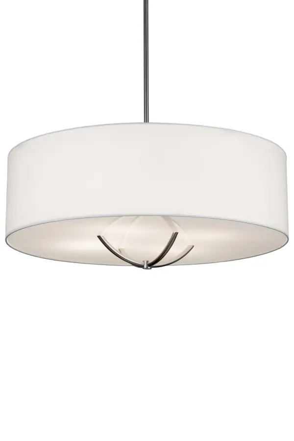 Designed with a curved profile and a unique architectural look; this appealing ceiling pendant reveals a sophisticated aesthetic. The fixture features a White Textrene shade that is complemented with an Extreme Chrome Powdercoat finished frame below. Handcrafted by highly skilled artisans in our manufacturing facility in Upstate New York; this transitional styled pendant is available in a wide range of custom choices including various designs; colors; sizes and dimmable energy efficient lamping options such as LED. The fixture is UL and cUL listed for dry and damp locations.