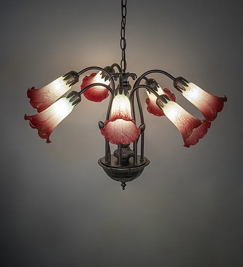 24" Wide Tiffany Pond Lily Seafoam/Cranberry 7 Light Chandelier