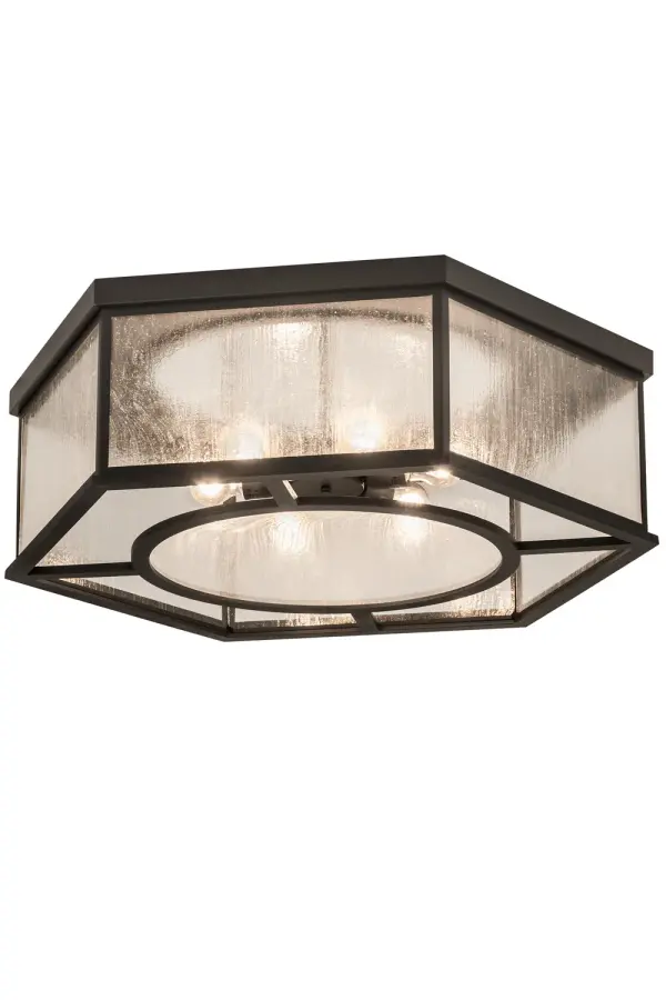 Geometric shapes are juxtaposed for an innovative, superior level of aesthetics and optics. The hexagon profile features 6 Clear Seeded Glass panels which are complemented with a sturdy Craftsman Brown finished frame. The fixture is enhanced with a round Clear Glass Mirror on the inside top above the light cluster and a Clear Seeded Glass bottom diffuser. Custom crafted in our manufacturing facility in Yorkville, NY. Custom sizes, styles and finishes are available, as well as dimmable energy efficient lamping options. UL and cUL listed for dry and damp locations. Collection: Chauncey Finish: Wrought Iron Glass: Clear Seeded Glass Width: 36.00" Height: 11.00" Length: 36.00" Weight: 71.00 lb Number of Bulbs: 6 Maximum Wattage: 60.00 W Bulb Type: A19 Bulb Base: E26 Material: Steel Country of Origin: USA Safety Listing: Damp Safety Rating: Damp