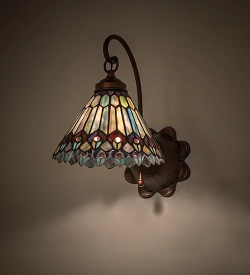 8" Wide Tiffany Jeweled Peacock Wall Sconce
