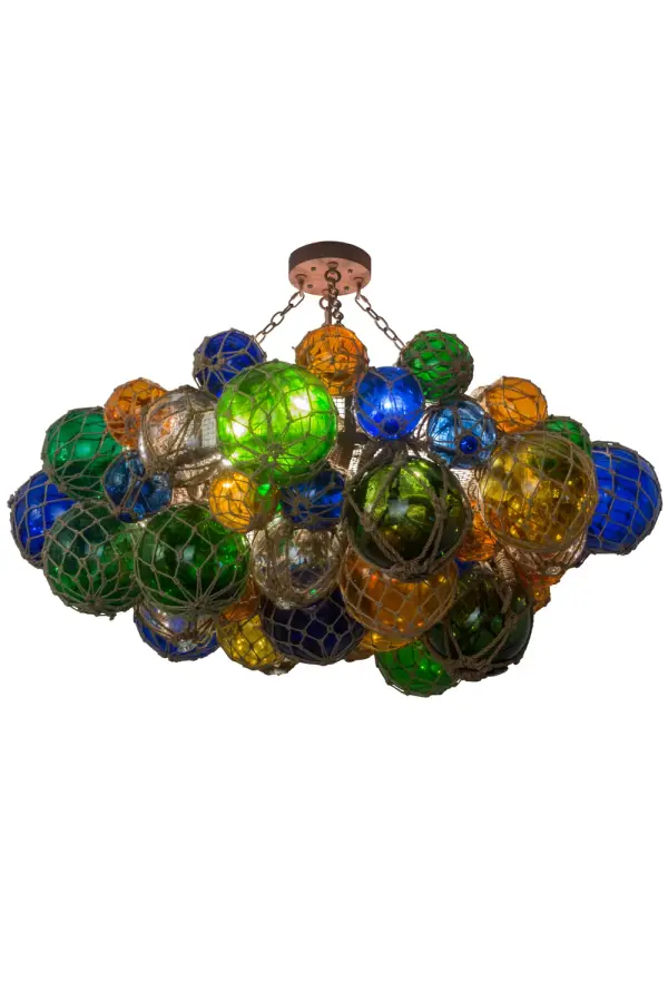 Every Meyda Tiffany item is a unique handcrafted work of art. Natural variations in the wide array of materials that we use to create each Meyda product make every item a masterpiece of its own. Photographs are a general representation of the product. Colors and designs will vary. Collection: Bijoux Colores Finish: Wrought Iron On Rust Glass: Wrought Iron On Rust (3Wirst) Width: 56.00" Height: 42.00" Length: 56.00" Weight: 103.50 lb Extension from Wall: 4.00" Number of Bulbs: 8 Maximum Wattage: 60.00 W Bulb Type: A19 Bulb Base: E26 Material: Steel Country of Origin: USA Safety Listing: Damp Safety Rating: Damp