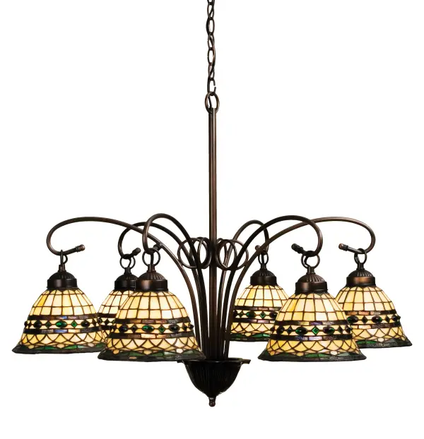 Emerald-colored jewels and Multi colored granite glass; accent the handsome Amber Beige art glass reproduction of a famous Louis ComfortTiffany design. This Tiffany Roman shade is Inspired by Italian art and architecture and is handcrafted of authentic stained glass by Meyda Tiffany artisans using a copperfoil construction method. The Six Light Chandelier hardware is finished in a hand applied Mahogany Bronze.