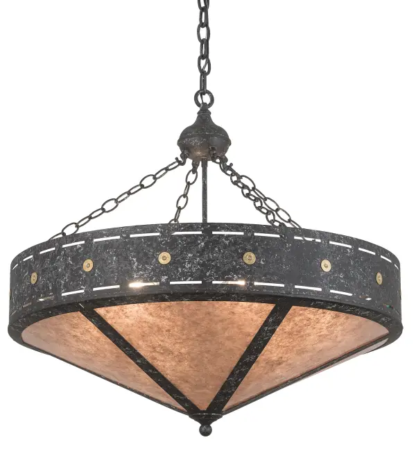 A Brass Shotgun Shell accented band embraces stunning Silver Mica diffuser panels and is suspended from handcrafted branch accented chain links. This handsome inverted pendant is featured in a Smoke finish.The overall height of this pendant ranges from 31 to 61 inches as the chain length can be easily adjusted in the field to accommodate your specific lighting application needs. The Craftsman Target fixture is Domestically Produced in the USA at our Yorkville; NY manufacturing facility. Shade colors; metal finishes and fixtures sizes can be customized to your taste. UL and cUL listed for dry and damp locations.
