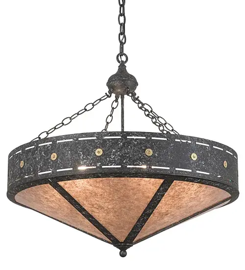 A Brass Shotgun Shell accented band embraces stunning Silver Mica diffuser panels and is suspended from handcrafted branch accented chain links. This handsome inverted pendant is featured in a Smoke finish.The overall height of this pendant ranges from 31 to 61 inches as the chain length can be easily adjusted in the field to accommodate your specific lighting application needs. The Craftsman Target fixture is Domestically Produced in the USA at our Yorkville; NY manufacturing facility. Shade colors; metal finishes and fixtures sizes can be customized to your taste. UL and cUL listed for dry and damp locations. - alternate view