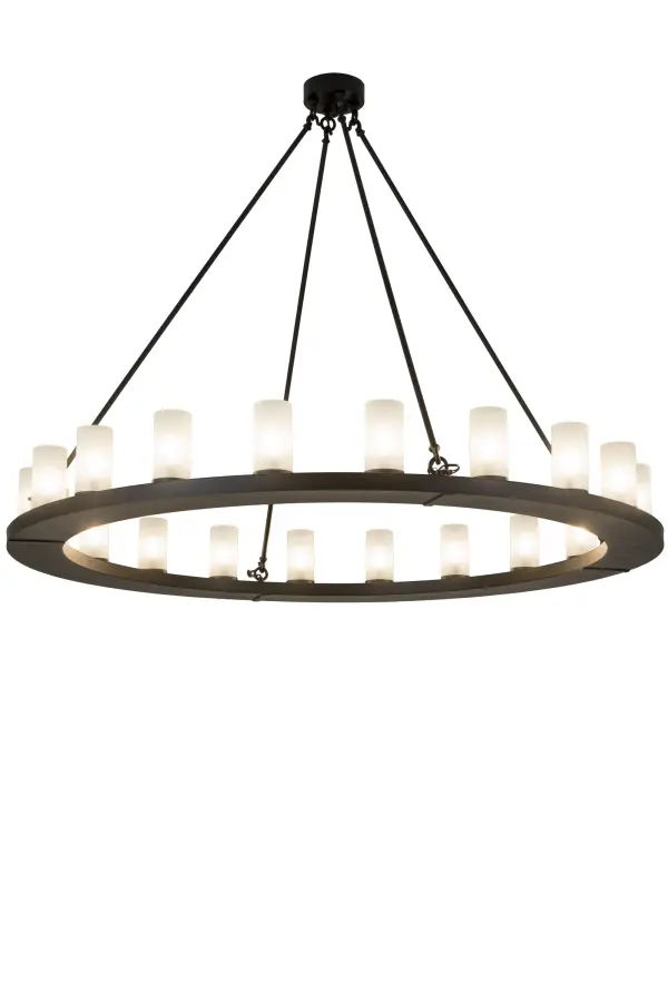Grand elegance and a refined sophistication come to light with the Loxley chandelier. This fixture is custom crafted with 20 Clear Frosted Glass Cylindres on a decorative ring that is featured in a Blackwash finish. Ideal for illuminating dining areas; conference tables; lobbies and other residential and commercial spaces. Handcrafted by highly skilled artisans in our manufacturing facility in Yorkville; NY. Custom colors; styles and sizes available. Energy efficient lamping options such as LED are available. The 60-inch wide chandelier is UL and cUL listed for dry and damp locations.