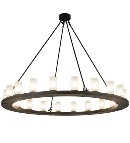 Grand elegance and a refined sophistication come to light with the Loxley chandelier. This fixture is custom crafted with 20 Clear Frosted Glass Cylindres on a decorative ring that is featured in a Blackwash finish. Ideal for illuminating dining areas; conference tables; lobbies and other residential and commercial spaces. Handcrafted by highly skilled artisans in our manufacturing facility in Yorkville; NY. Custom colors; styles and sizes available. Energy efficient lamping options such as LED are available. The 60-inch wide chandelier is UL and cUL listed for dry and damp locations. - alternate view