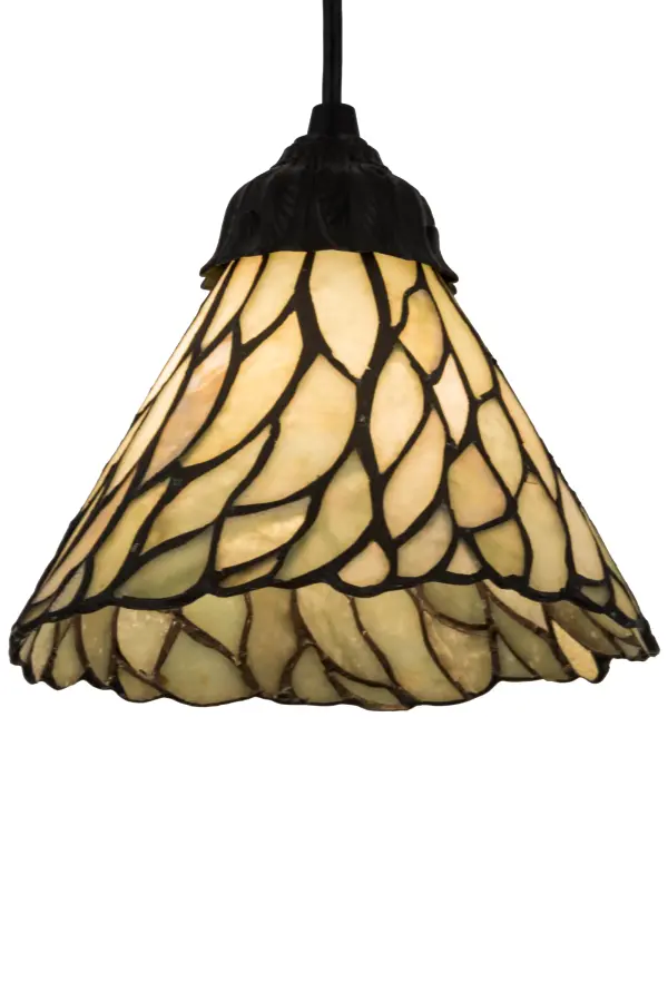 Thinly carved and polished Natural Jadestone in earthy Moss Green and Ivory tones becomes luminescent in the wispy Willow leaf-patterned shade that adorns this stunning mini pendant. This charming Jadestone shade is created using the famous Meyda copperfoil construction process. The overall height ranges from 10 to 81 inches as the cord adjusts in the field to meet your specifications. The fixture is enhanced with hardware offered in a Textured Black finish. To create a dramatic design statement, install these mini pendants in groups to illuminate bars, counters, and kitchen islands in residential, commercial, and hospitality settings. The overall height can be adjusted by combining the four stem lengths included: 9-inch, 15-inch, 19-inch, and 27-inch in any combination to achieve the desired drop from the ceiling. The Willow Jadestone Mini Pendant is featured in our American-designed, handcrafted Jadestone Collection. UL & cUL listed for dry and damp locations. Each shade is a unique work of art with color variations based on natural ingredients inherent in the stone. Collection: Jadestone Finish: Textured Black Glass: Green And Beige Jadestone Width: 8.00" Height: 10.00" Length: 8.00" Weight: 3.00 lb Number of Bulbs: 1 Maximum Wattage: 60.00 W Bulb Type: A19 Bulb Base: E26 Material: Zinc Country of Origin: CHINA Safety Listing: Damp Safety Rating: Damp