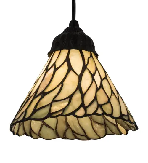 Thinly carved and polished Natural Jadestone in earthy Moss Green and Ivory tones becomes luminescent in the wispy Willow leaf-patterned shade that adorns this stunning mini pendant. This charming Jadestone shade is created using the famous Meyda copperfoil construction process. The overall height ranges from 10 to 81 inches as the cord adjusts in the field to meet your specifications. The fixture is enhanced with hardware offered in a Textured Black finish. To create a dramatic design statement, install these mini pendants in groups to illuminate bars, counters, and kitchen islands in residential, commercial, and hospitality settings. The overall height can be adjusted by combining the four stem lengths included: 9-inch, 15-inch, 19-inch, and 27-inch in any combination to achieve the desired drop from the ceiling. The Willow Jadestone Mini Pendant is featured in our American-designed, handcrafted Jadestone Collection. UL & cUL listed for dry and damp locations. Each shade is a unique work of art with color variations based on natural ingredients inherent in the stone. Collection: Jadestone Finish: Textured Black Glass: Green And Beige Jadestone Width: 8.00" Height: 10.00" Length: 8.00" Weight: 3.00 lb Number of Bulbs: 1 Maximum Wattage: 60.00 W Bulb Type: A19 Bulb Base: E26 Material: Zinc Country of Origin: CHINA Safety Listing: Damp Safety Rating: Damp - alternate view