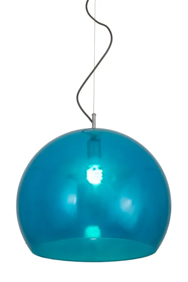 A fun, contemporary curved orb is featured in Transparent, Frosted Turquoise Idalight and enhanced with hardware in a Turquoise and Sparkle Silver Finish. Ideal for foyers, lobbies, dining tables and other spaces in residential and commercial environments, this pendant is handcrafted by Meyda artisans in our manufacturing facilities in Yorkville, New York. Custom colors, styles and sizes are available, as well as dimmable energy efficient lamping such as LED. The fixture is UL and cUL listed for damp and dry locations. Collection: Bola Finish: Chrome Glass: Blue Width: 20.00" Height: 23.00" Length: 20.00" Weight: 4.50 lb Number of Bulbs: 1 Maximum Wattage: 60.00 W Bulb Type: A19 Bulb Base: E26 Material: Steel Country of Origin: USA Safety Listing: Damp Safety Rating: Damp