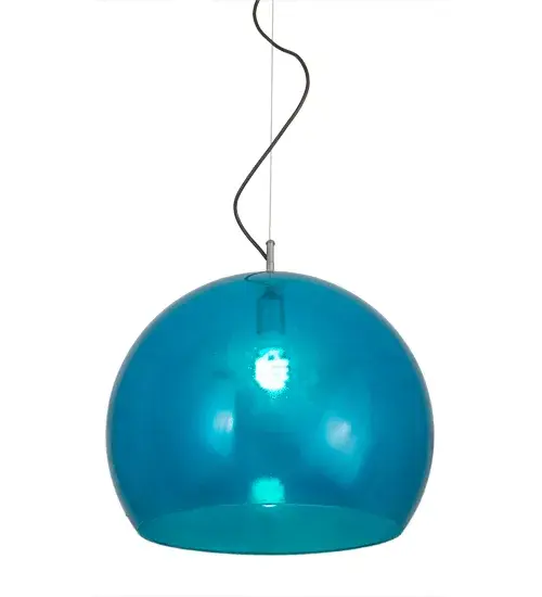 A fun, contemporary curved orb is featured in Transparent, Frosted Turquoise Idalight and enhanced with hardware in a Turquoise and Sparkle Silver Finish. Ideal for foyers, lobbies, dining tables and other spaces in residential and commercial environments, this pendant is handcrafted by Meyda artisans in our manufacturing facilities in Yorkville, New York. Custom colors, styles and sizes are available, as well as dimmable energy efficient lamping such as LED. The fixture is UL and cUL listed for damp and dry locations. Collection: Bola Finish: Chrome Glass: Blue Width: 20.00" Height: 23.00" Length: 20.00" Weight: 4.50 lb Number of Bulbs: 1 Maximum Wattage: 60.00 W Bulb Type: A19 Bulb Base: E26 Material: Steel Country of Origin: USA Safety Listing: Damp Safety Rating: Damp - alternate view