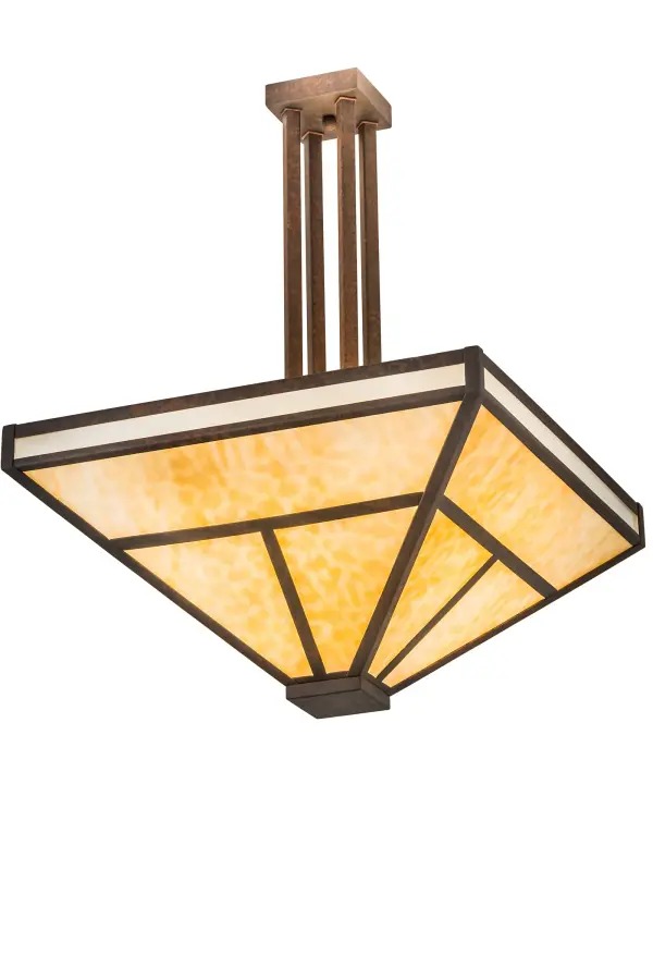 This stunning Craftsman styled inverted ceiling fixture is inspired by the Arts and Crafts movement. The striking straight line fixture design features Beige Art Glass, which is complemented with a Frosted Seeded Glass border. The frame, decorative accents and hardware are featured in a Rusty Nail finish. The fixture is handcrafted by our highly skilled artisans in the Yorkville, NY manufacturing facilities, at the foothills of the Adirondack Mountains. Custom sizes, styles, colors and dimmable energy efficient lamping options such as LED are available. UL and cUL listed for damp and dry locations. Collection: T" Mission" Finish: Rusty Nail Glass: Frosted Seedy Glass/Beige Glass Width: 33.75" Height: 32.00" Length: 24.00" Weight: 29.00 lb Number of Bulbs: 8 Maximum Wattage: 60.00 W Bulb Type: A19 Bulb Base: E26 Material: Steel Country of Origin: USA Safety Listing: Damp Safety Rating: Damp