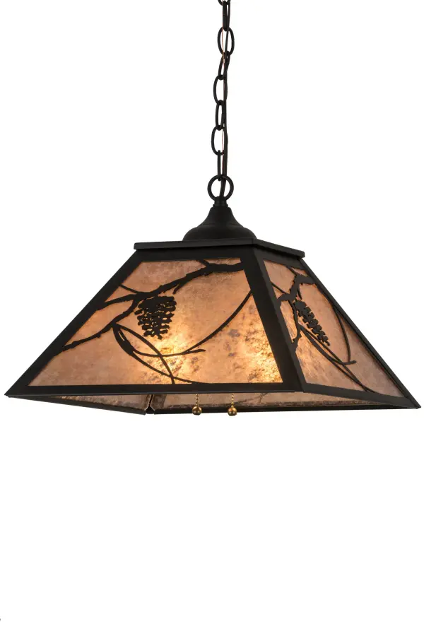 Listen closely. You can almost hear the soft whisper of the Pine Branches as they dance in the wind. Enjoy the beautiful ambiance of soft beautiful light diffused through a Silver Mica shade featuring stunning Pinecone and Pine Branch designs. The pendant is enhanced with a Textured Black finish. Handcrafted by highly skilled artisans in our 180;000 square manufacturing facility in Yorkville; New York. Shade colors; metal finishes and ses can be customized. UL and cUL listed for dry and damp locations.